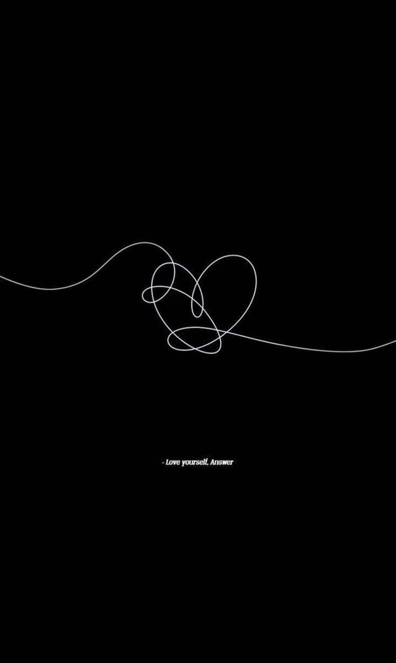 BTS《Love Yourself》愛之藝術 壁紙 — 黑色背景上以白色線條繪製的極簡心形，下方有文字 Love yourself Answer。