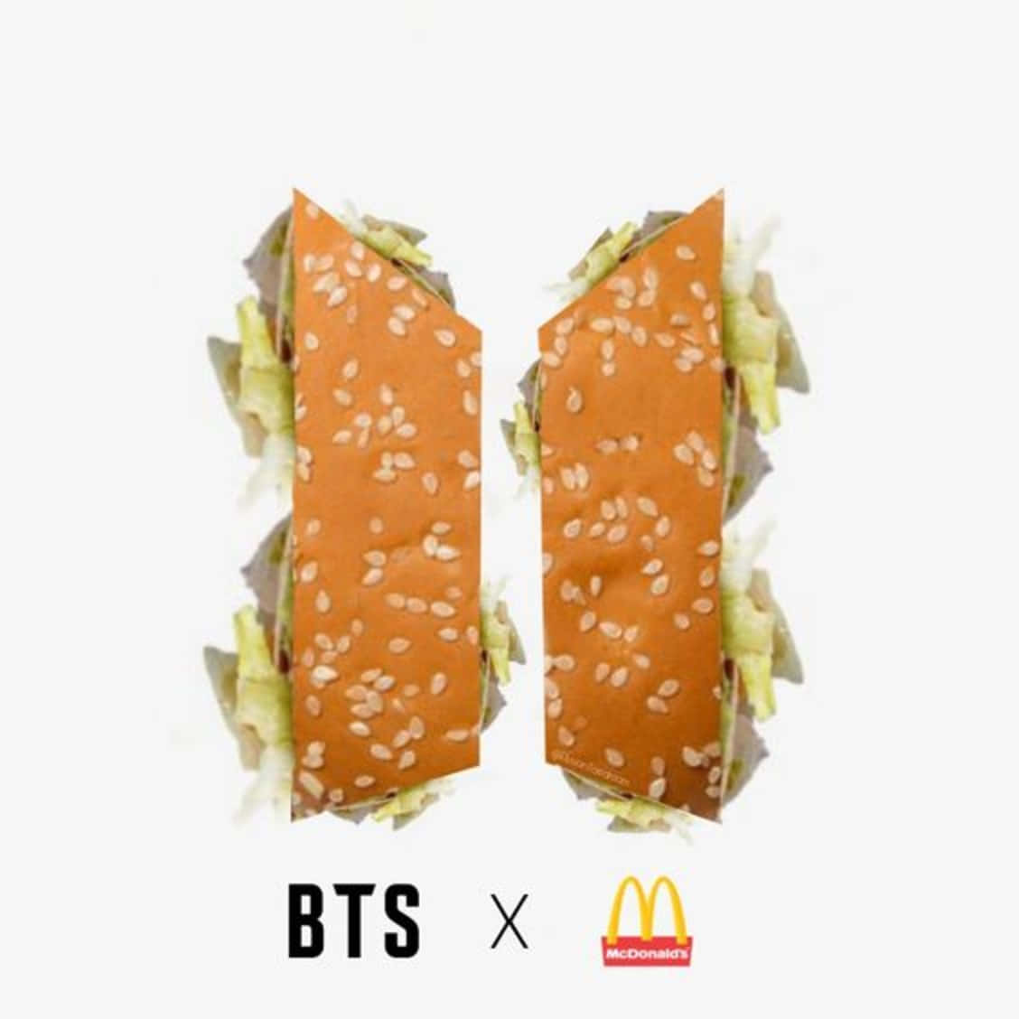 由兩個芝麻漢堡排成字母B形狀組成的BTS x McDonald's漢堡標誌。