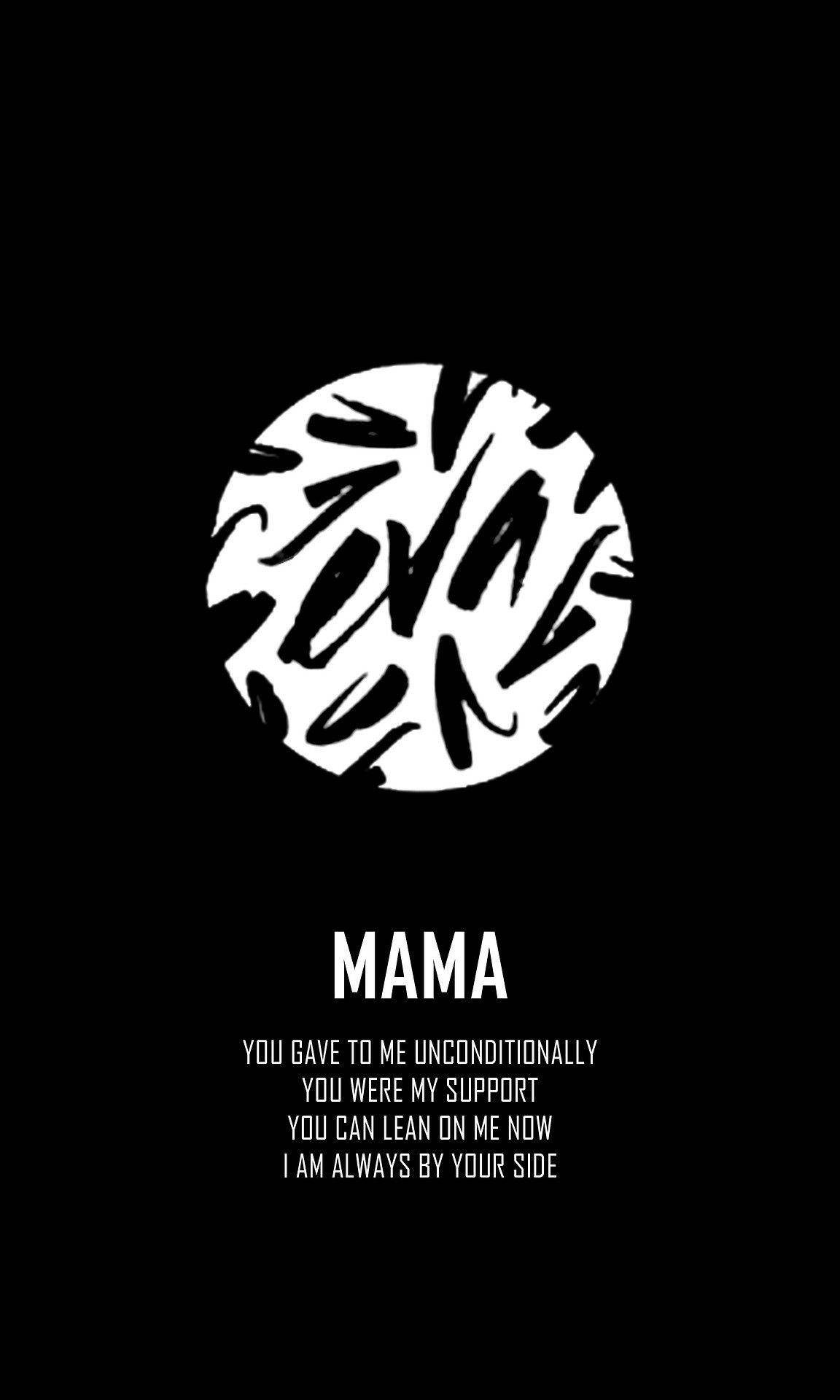 BTS 黑色 Mama 歌詞與標題 壁紙 — 一個極簡黑色背景，上面有一個白色圓形抽象筆觸設計，位於粗體白色文字上方，向母親致敬。