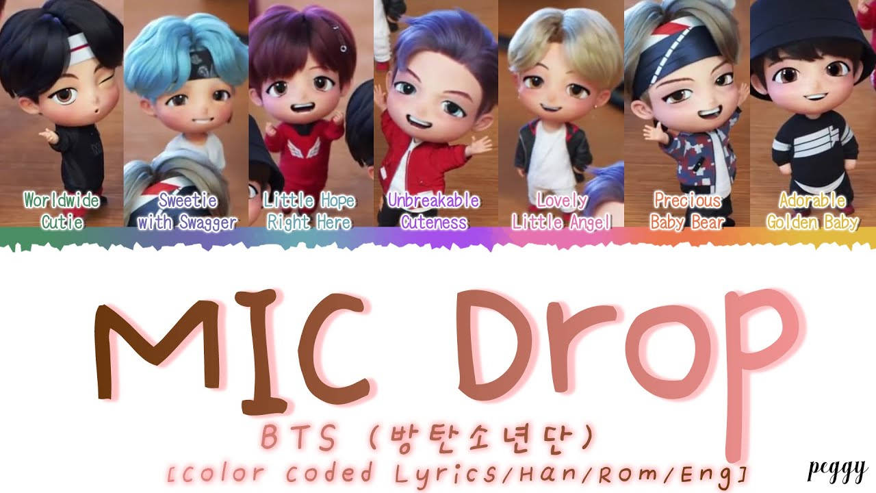 BTS《Mic Drop》專輯封面小熊版 壁紙 — 七個Q版BTS成員，擁有色彩繽紛的頭髮和表情豐富的臉龐，排成一排，上方是帶有彩虹文字點綴的標題MIC Drop。