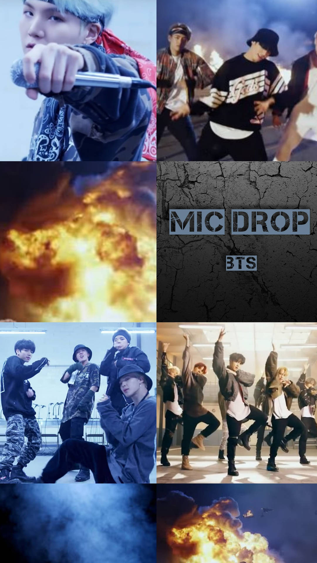 BTS成員在帶有火焰爆炸和裂牆上「MIC DROP」文字的動態舞蹈姿勢。