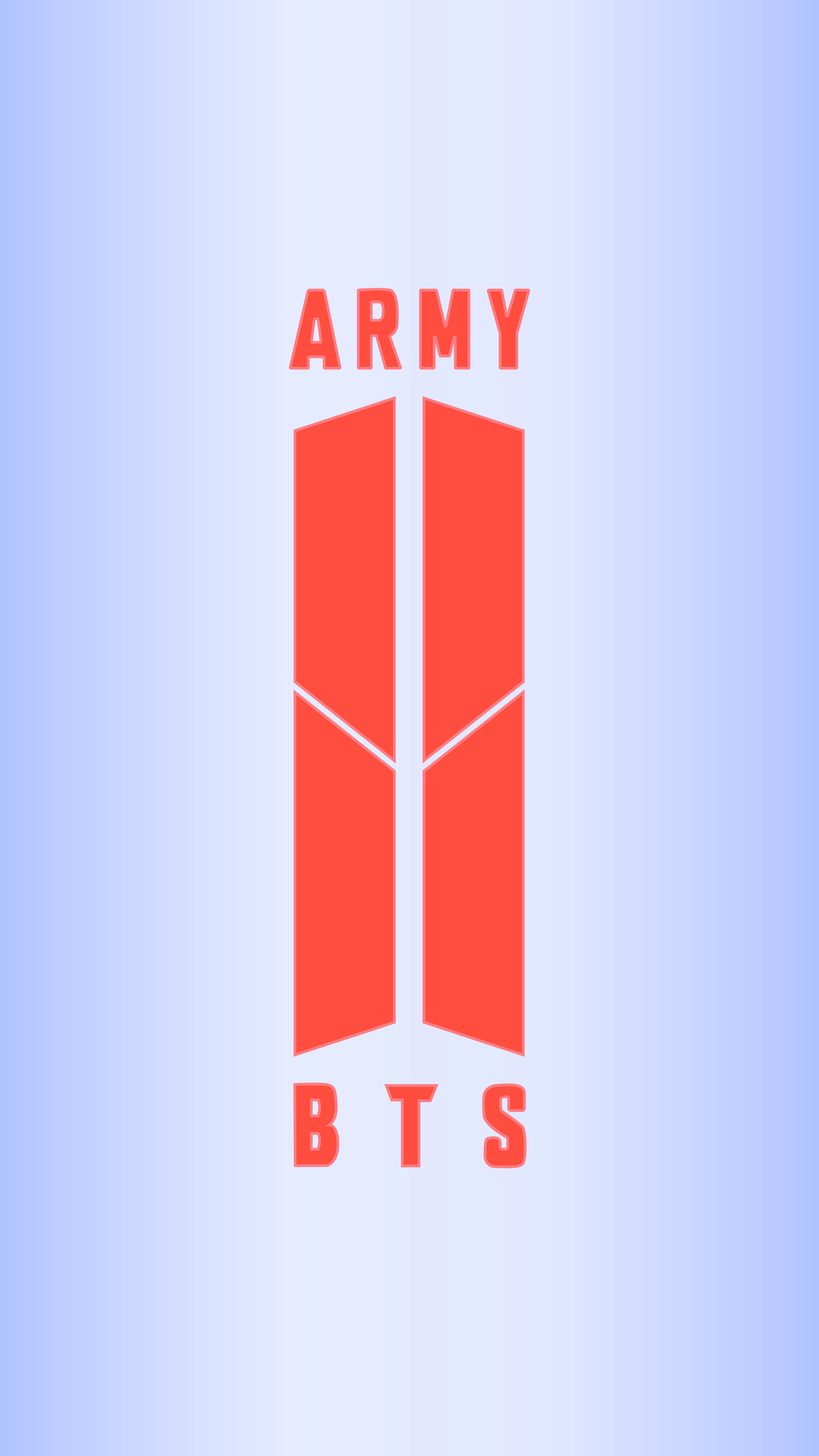 橘色BTS粉絲徽章 壁紙 — 一個大膽的紅色BTS ARMY標誌，居中放置在柔和的漸變藍色背景上。