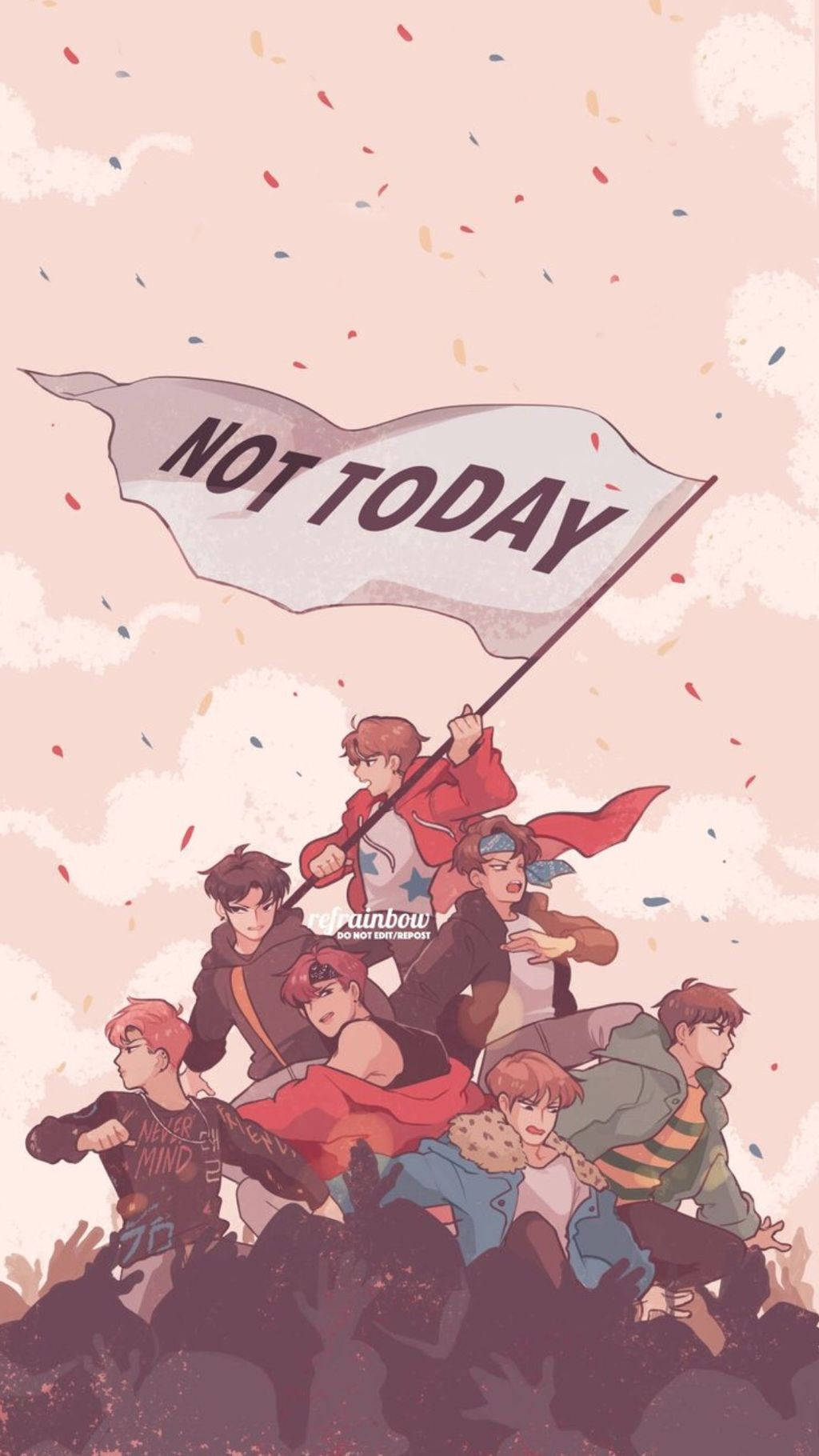 BTS卡通 Not Today 壁紙 — 一群動漫風格的男孩在柔和的粉紅色天空下，在飄落的五彩紙屑中挑釁地舉起一面「NOT TODAY」旗幟。