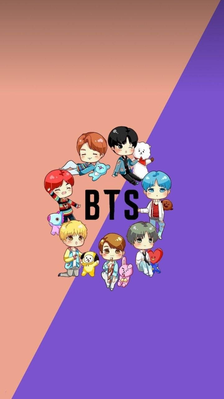 七個Q版BTS成員與寵物圍繞BTS標誌在粉紅色和紫色的分割背景上。