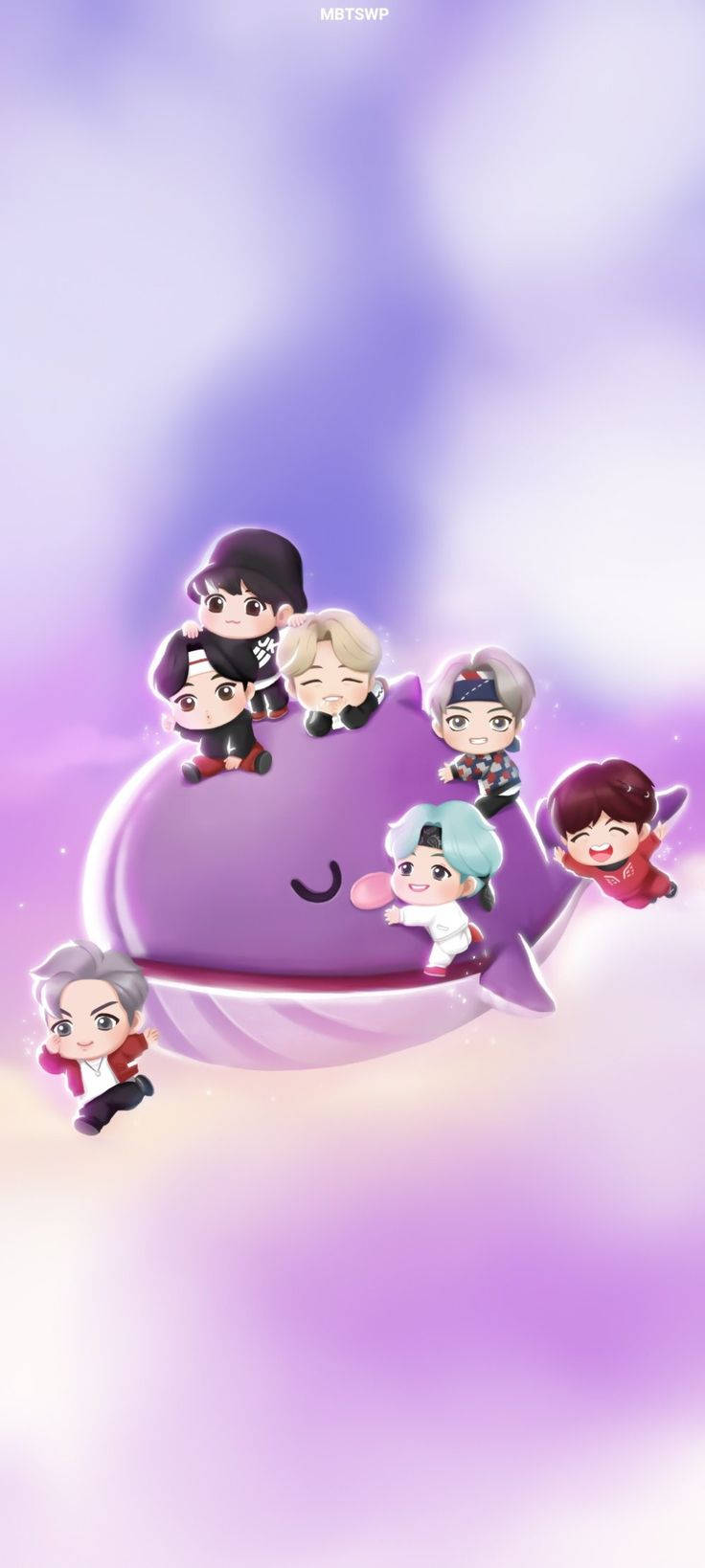 Chibi K-pop偶像騎著紫色鯨魚穿過粉彩雲朵。