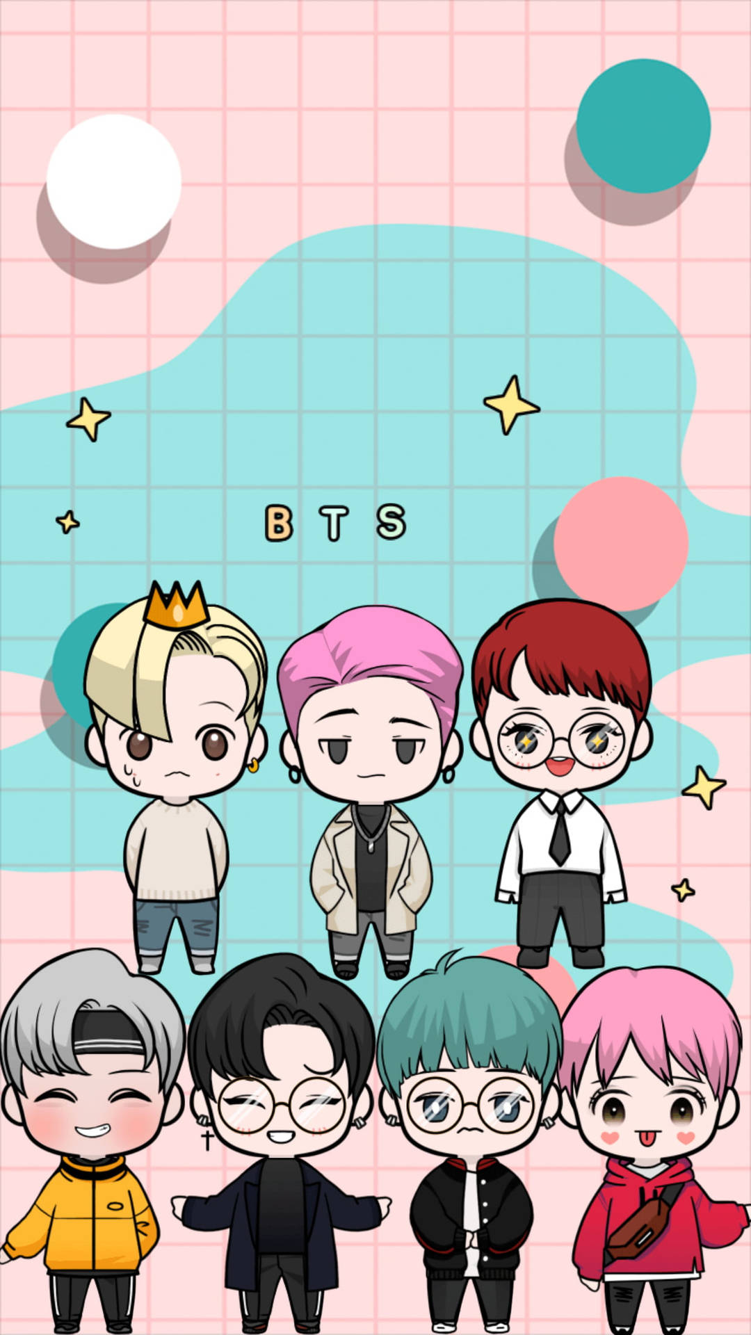 BTS Q版排隊格狀背景 壁紙 — 穿著色彩繽紛服裝的Q版BTS成員站在帶有浮動圓圈和星星的粉彩網格背景前。