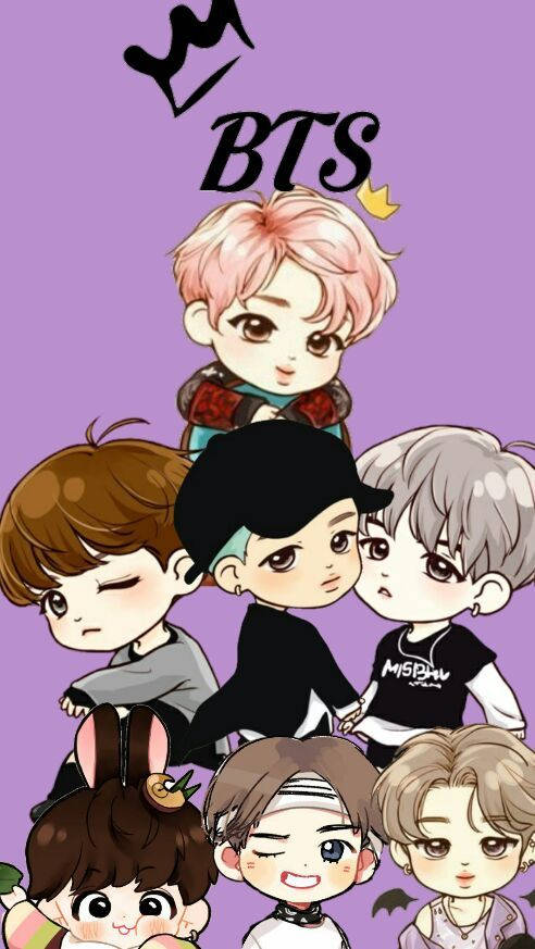 BTS Q版紫色 壁紙 — 可愛風格的BTS成員穿著可愛服裝，在帶有皇冠和BTS文字的純紫色背景前擺姿勢。