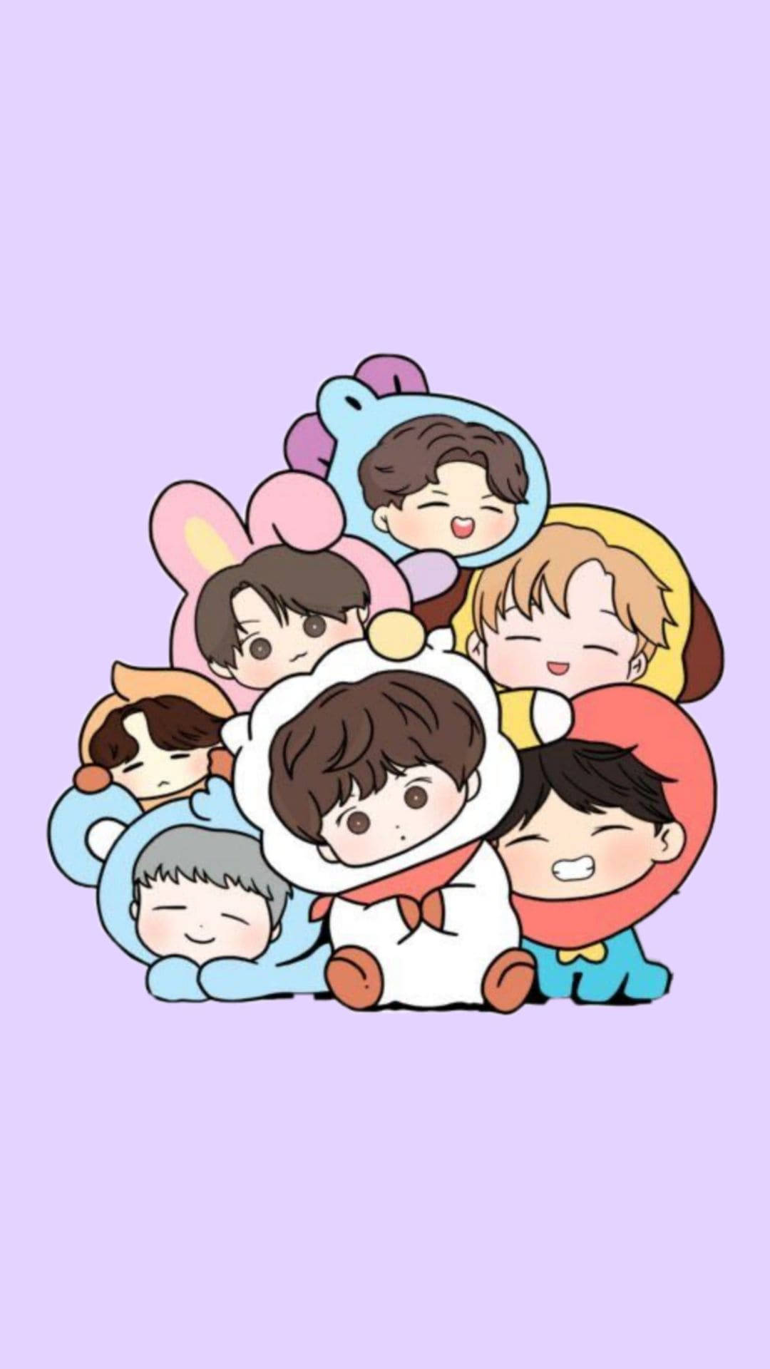 BTS Q版角色堆疊 壁紙 — 一群穿著色彩繽紛動物服裝的Q版動畫男孩在柔和的薰衣草背景上依偎在一起。