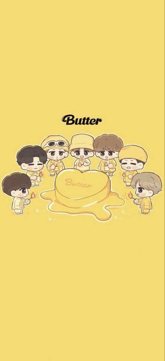 BTS Q版黃油心形 壁紙 — 身穿黃色服裝的Q版卡通角色聚集在一個正在融化的牛油塊周圍，上方有「Butter」文字。