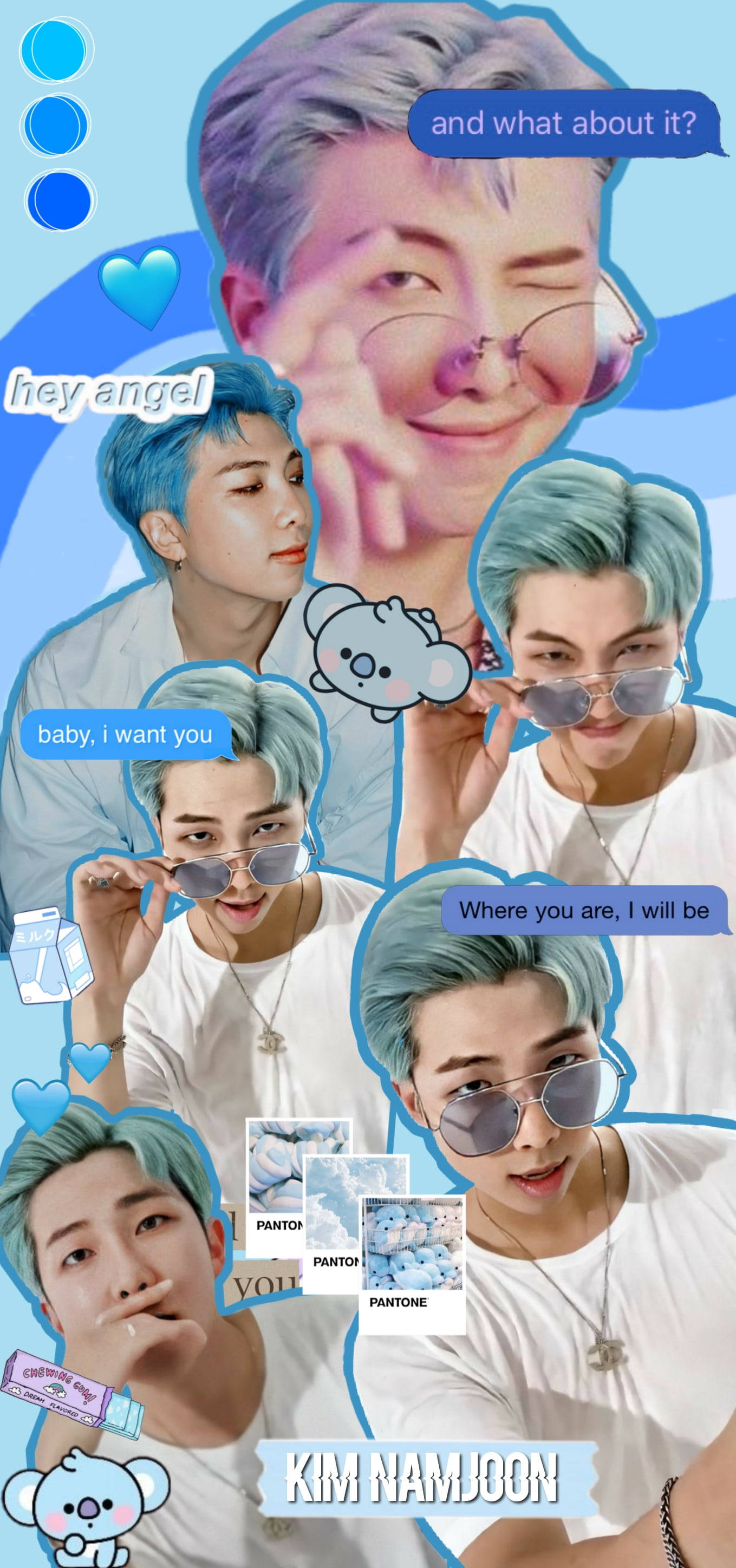 藍色系 BTS RM 梦幻風壁紙 壁紙 — 一張充滿活力的金南俊拼貼畫，藍色頭髮和太陽眼鏡，周圍環繞著浪漫的文字氣泡和可愛的樹熊圖案。