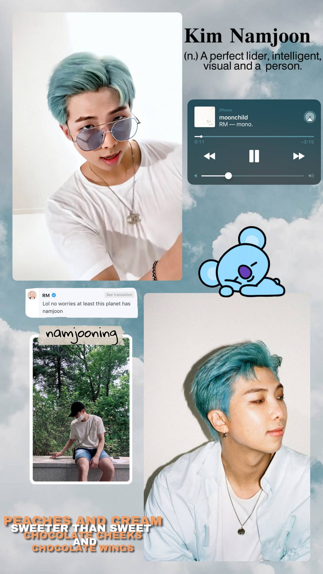 Kim Namjoon 照片與社交媒體帖子和卡通角色的拼貼畫。