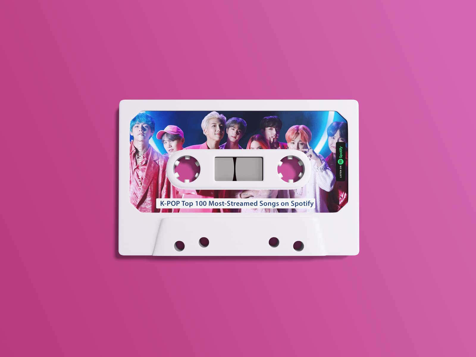 BTS Spotify百大熱門歌曲圖片 壁紙 — 一個白色卡式帶，上面有K-POP團體照片和Spotify文字，背景是充滿活力的粉紅色漸變。