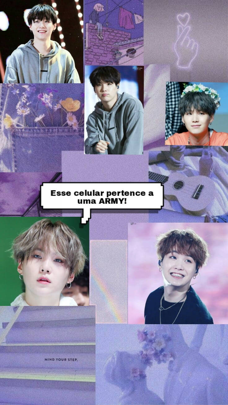 BTS Suga 紫色美學 壁紙 — 一個充滿活力的紫色主題拼貼畫，包含多張年輕男偶像的照片，搭配花朵、結他和動漫風格圖形。