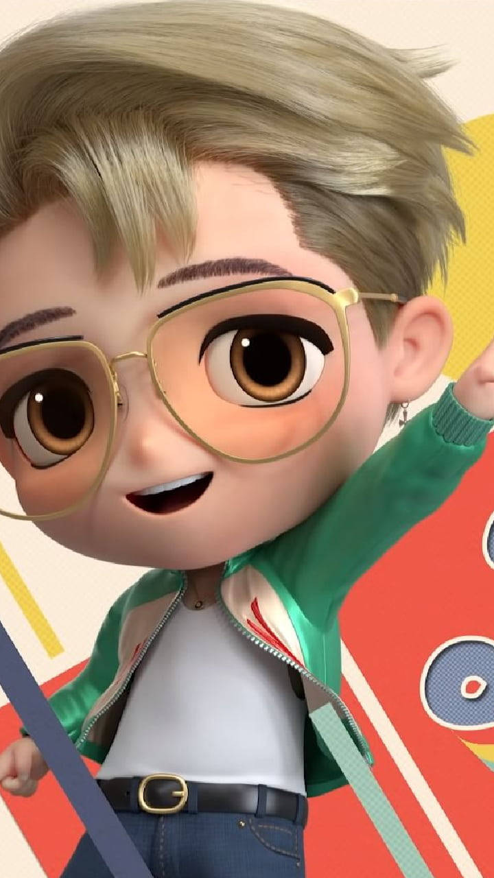 BTS Tinytan Jimin特寫 壁紙 — 一個開心的Q版動畫男孩，金髮戴眼鏡，微笑著舉起一隻手臂，背景是色彩繽紛的幾何圖案。
