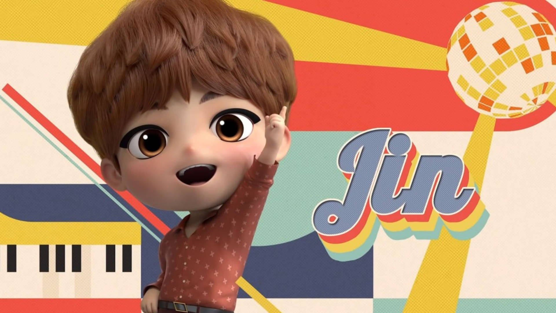BTS Tinytan Jin復古風 壁紙 — 一個開心的3D渲染動畫男孩，棕色頭髮，穿著星星襯衫，在色彩繽紛的復古背景前興奮地揮手，背景有迪斯科球和鋼琴鍵。