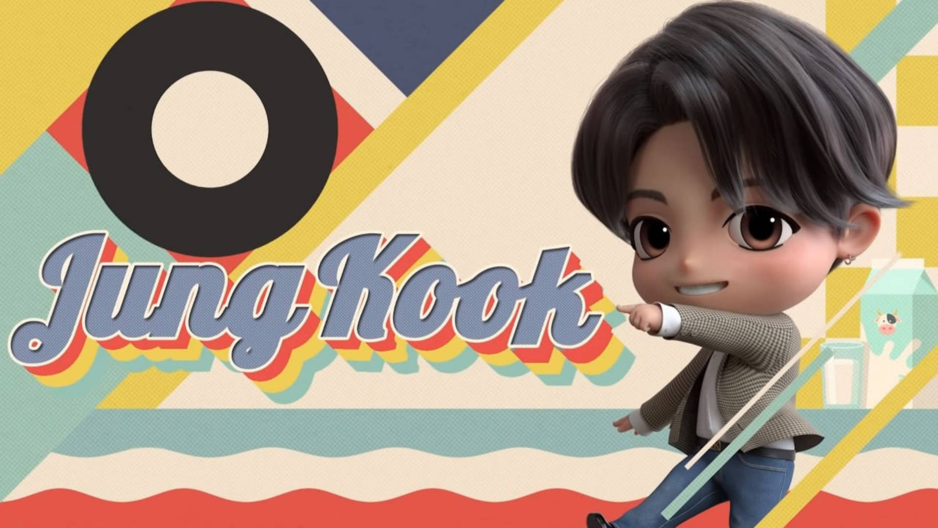 BTS Tinytan Jungkook復古風 壁紙 — Chibi風格嘅Jung Kook喺充滿活力嘅復古幾何背景前開心擺甫士，背景有鮮明顏色同有趣波浪圖案。
