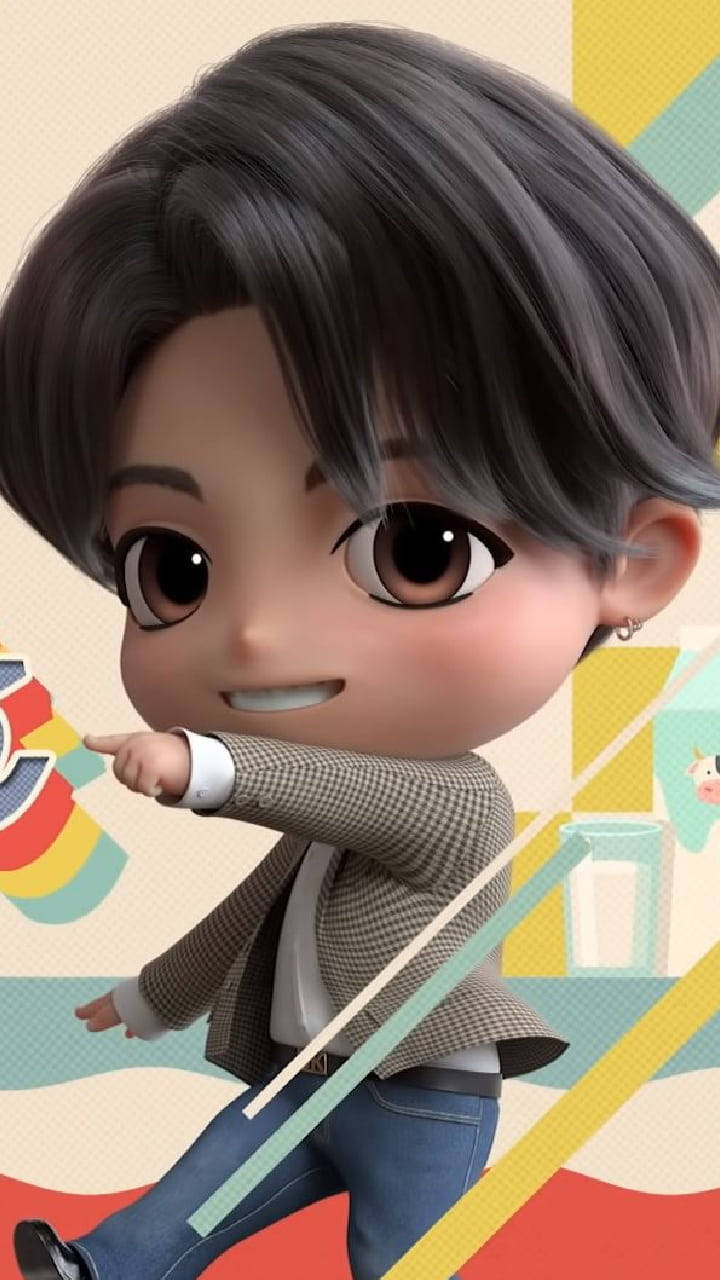 BTS Tinytan Jungkook特寫 壁紙 — 一個灰髮、大棕色眼睛的Q版動畫男孩在色彩繽紛的幾何背景中向前指著。