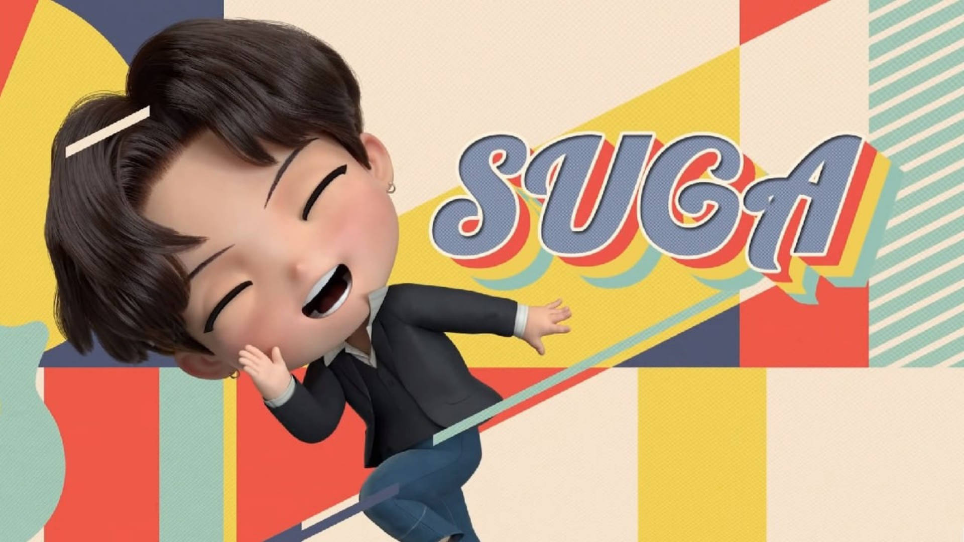 BTS Tinytan Suga復古風 壁紙 — Q版風格動畫角色，深色頭髮，表情歡樂，背景為色彩繽紛的幾何圖案，帶有「SUGA」文字。