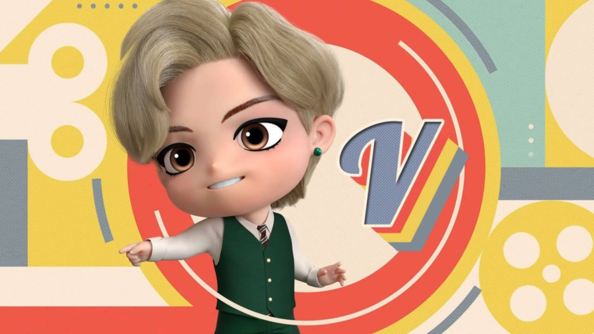 BTS Tinytan V復古風 壁紙 — 金髮綠背心的Q版動漫角色在色彩繽紛的幾何背景前開心地擺姿勢。