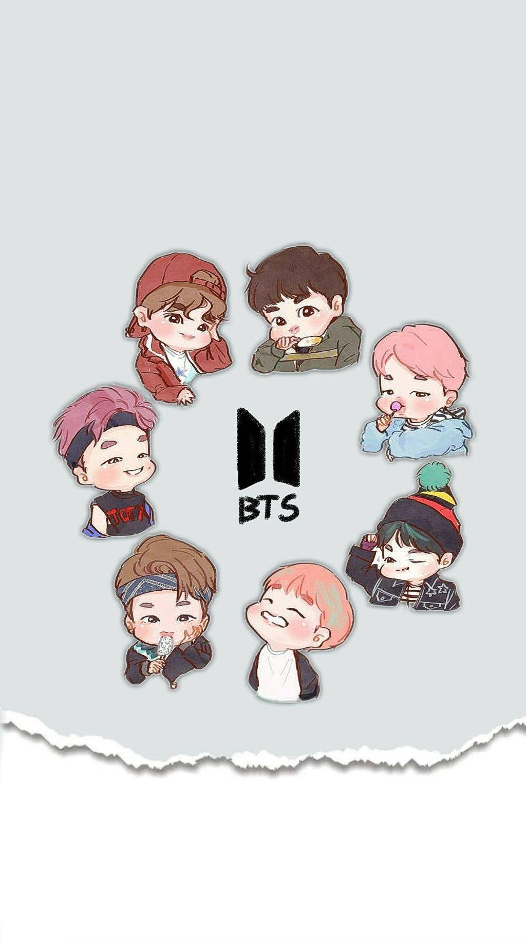 BTS Tinytan 可愛Q版 壁紙 — 七個Q版BTS成員穿著色彩繽紛的服裝，在淺灰色背景上圍繞BTS標誌排列成圓圈。