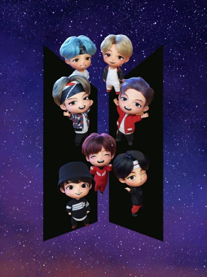 BTS Tinytan 星際標誌 壁紙 — 七個Q版風格的動畫偶像在閃爍的紫色星空下快樂地漂浮。