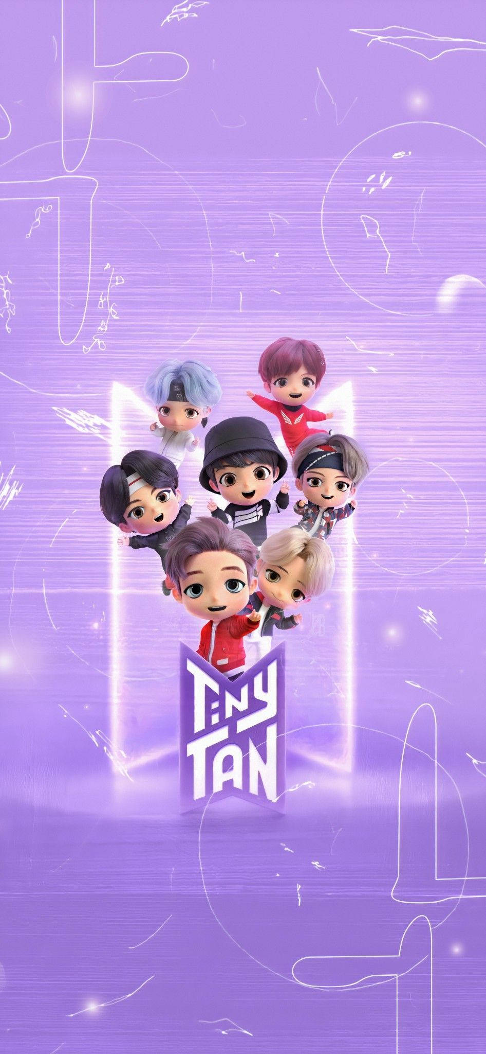 BTS Tinytan 淡紫霓虹肖像 壁紙 — Q版風格動畫角色漂浮在發光的紫色傳送門中，背景是奇幻的抽象背景。