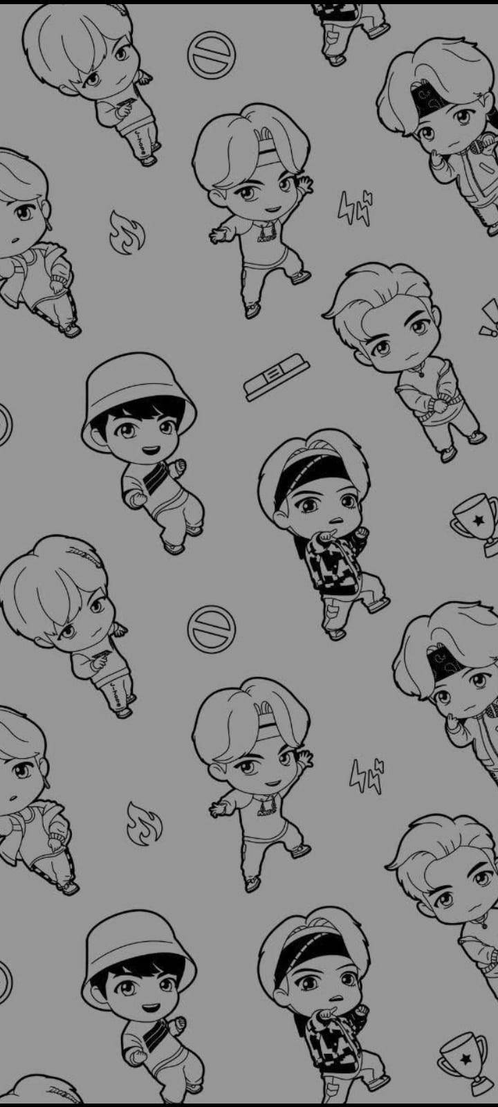 BTS Tinytan 線條繪畫 壁紙 — 灰色背景上黑白姿勢的Q版動漫角色重複圖案。