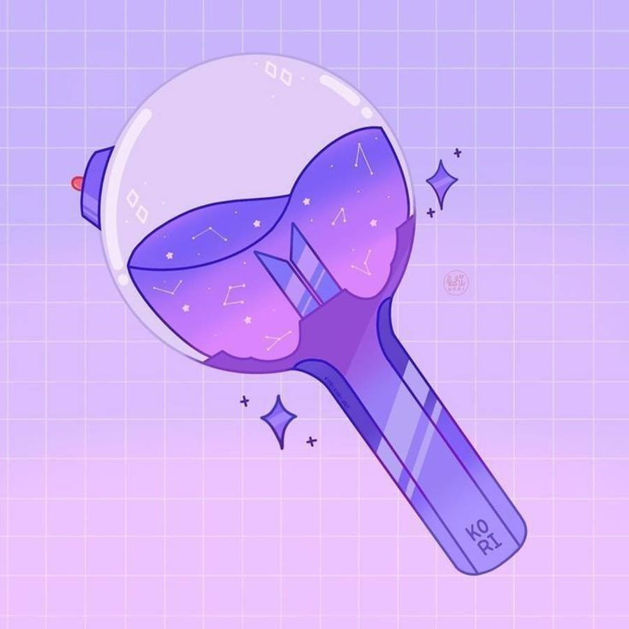 紫色燈棒BTS粉絲女孩 壁紙 — 一個風格化的紫色乒乓球拍，其拍頭內有宇宙星空設計，置於薰衣草網格背景上。