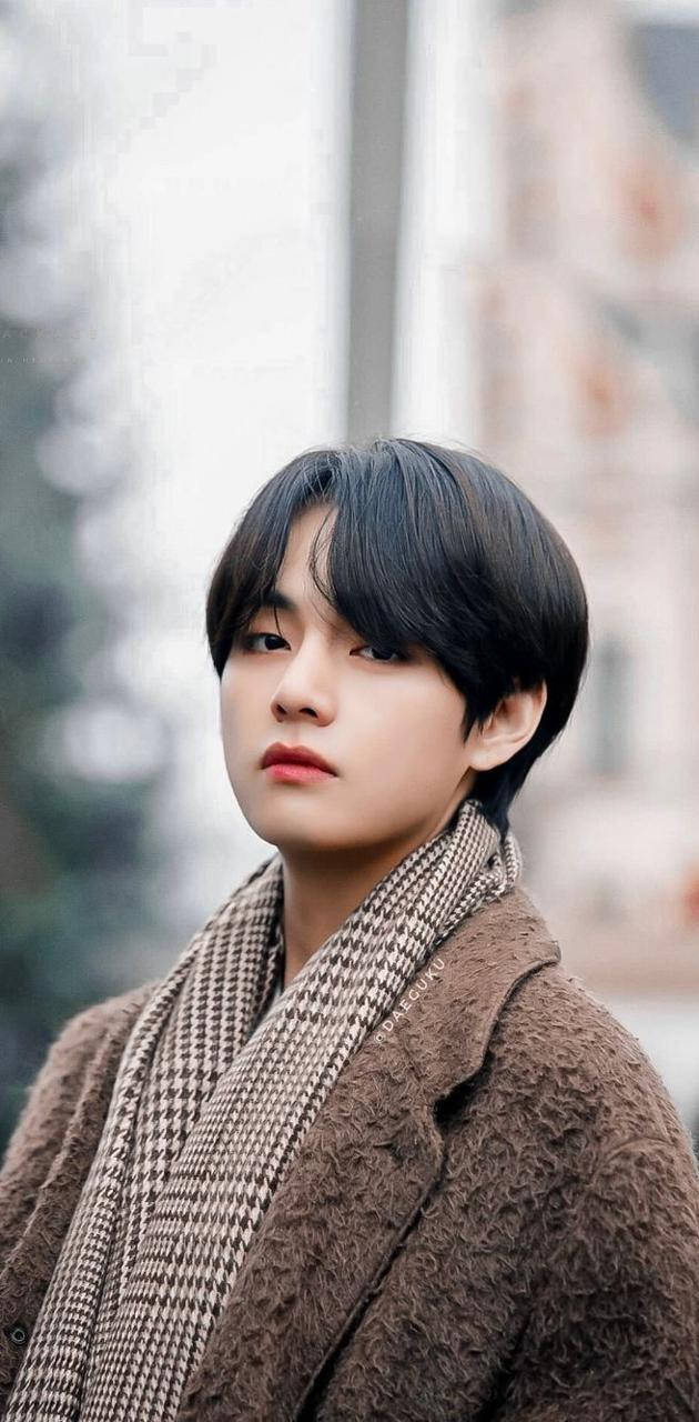 BTS V 冬季棕色服裝 壁紙 — 一位深色頭髮的年輕男子穿著質感棕色外套和圖案圍巾，背景是柔和模糊的城市景觀。