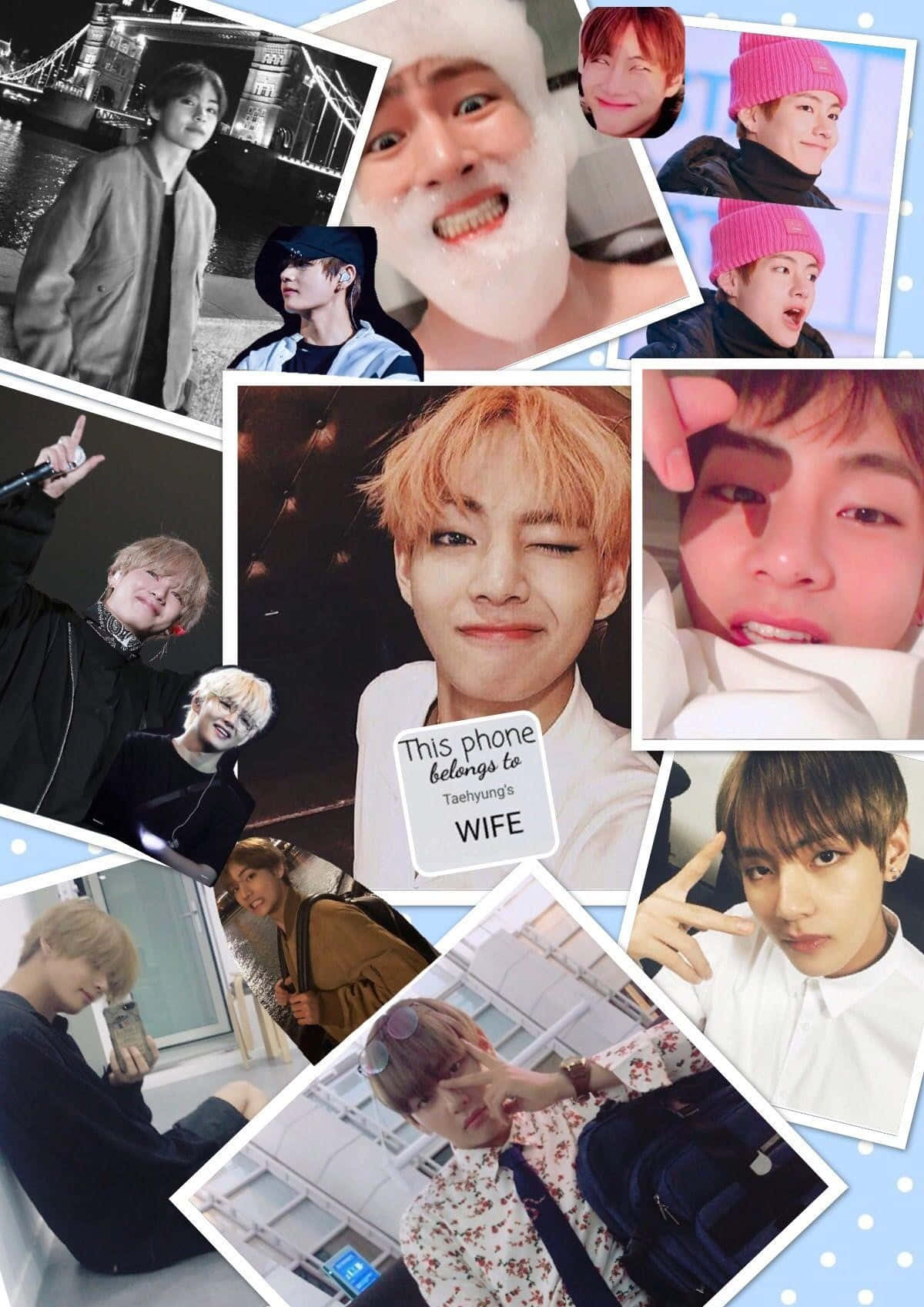 BTS - V 准備閃耀 壁紙 — 一張充滿活力的拼貼畫，展示BTS成員在自然照片中帶有俏皮表情和城市背景。