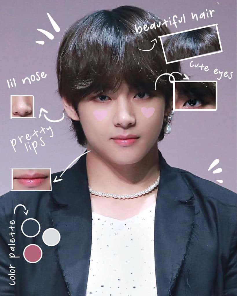 BTS V 在鮮豔時尚中展現幸福 壁紙 — 一個黑髮粉紅腮紅的年輕男子，在紫色背景上以可愛的註釋突出顯示，指向他的鼻子、眼睛、嘴唇和頭髮。