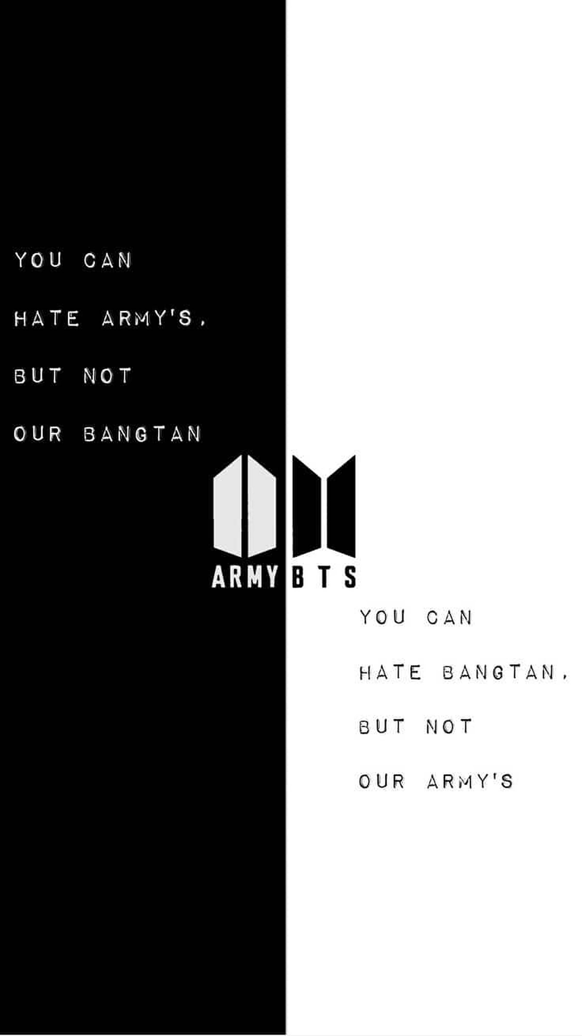 BTS粉絲黑白海報 壁紙 — 大膽的黑白分屏，帶有BTS標誌和以極簡字體呈現的鏡像粉絲口號。