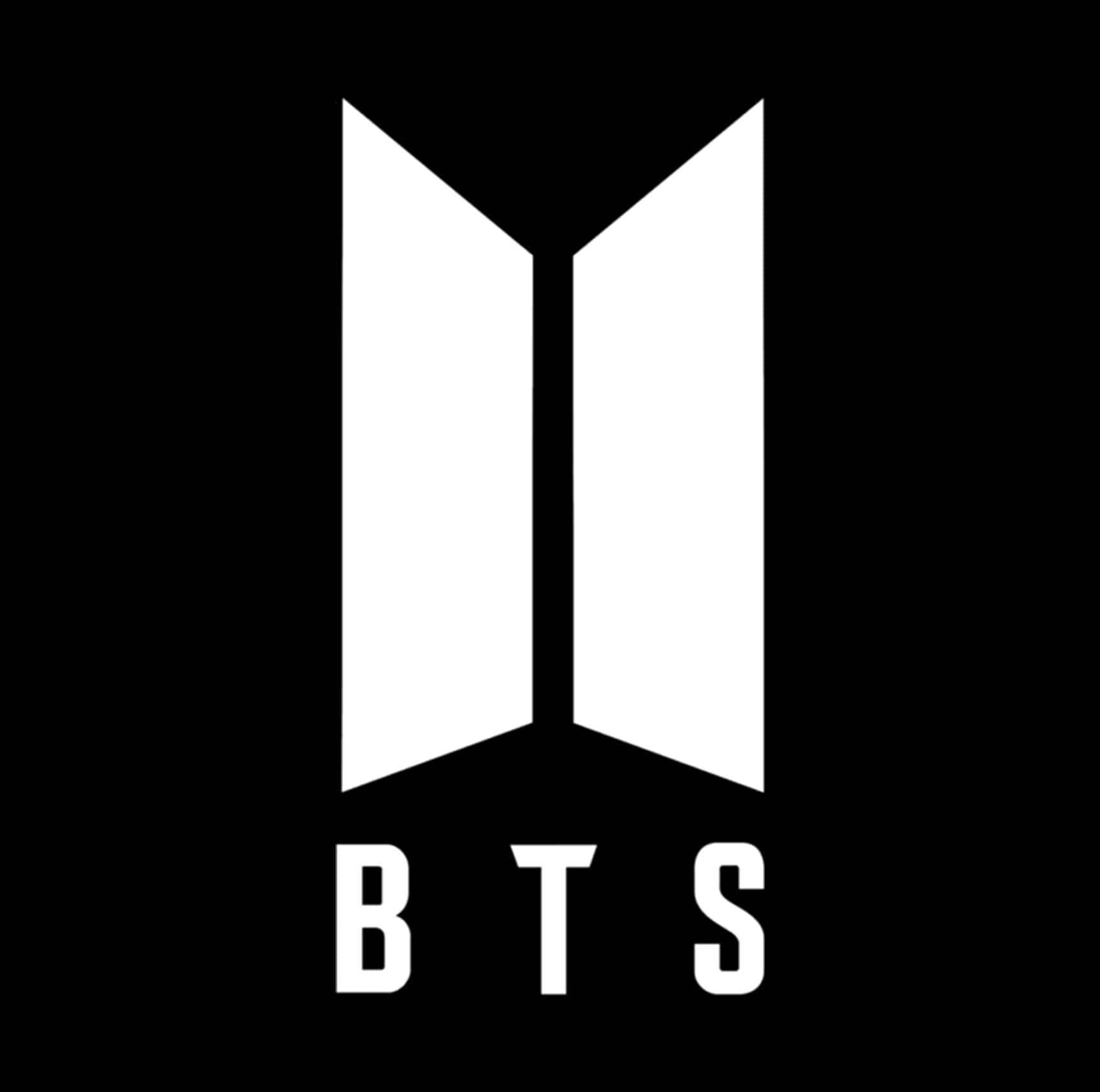 BTS標誌黑白版 壁紙 — 在純黑色背景上，帶有風格化翅膀的大膽白色BTS標誌。
