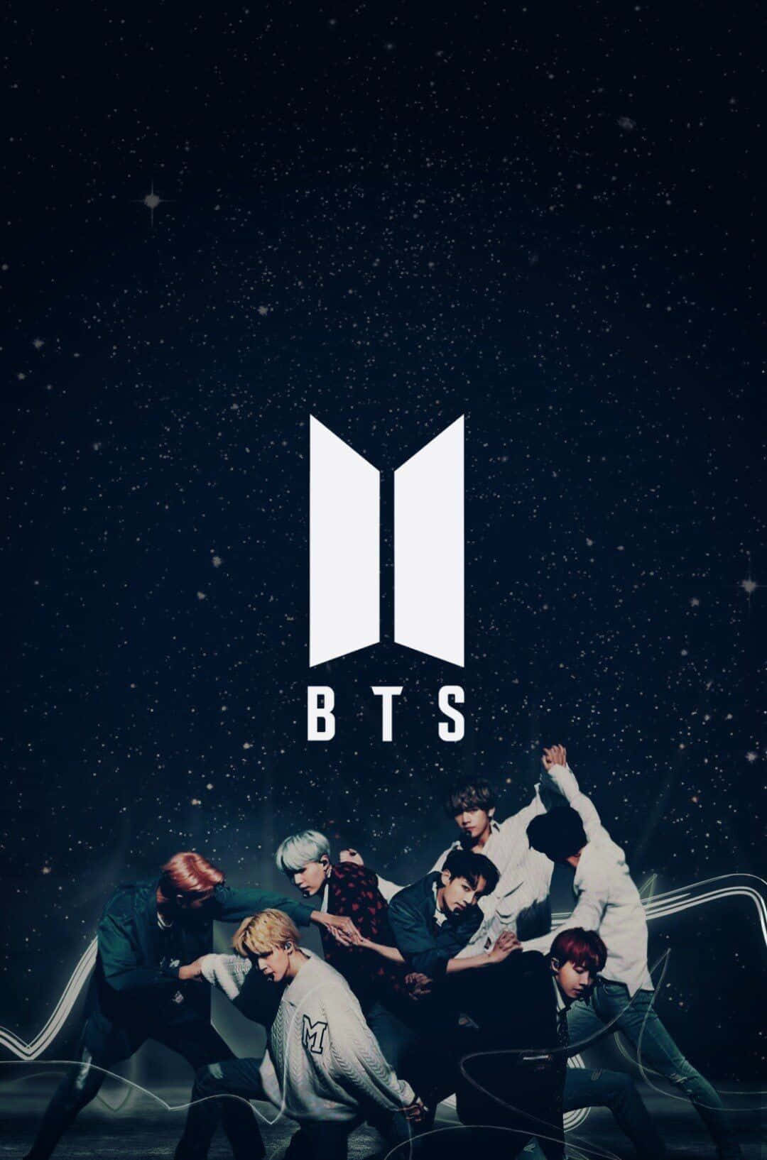 Bts Icon 桌布 壁紙 — BTS 七位成員在星空下動感擺姿勢，他們的標誌在上方發光。