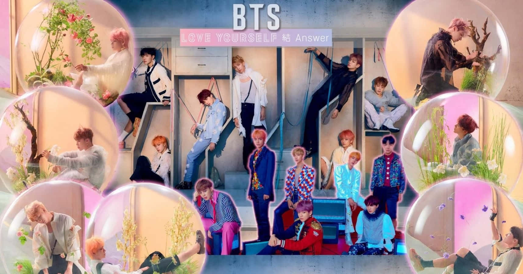 Bts Love Yourself 桌布 壁紙 — BTS 七位成員在現代樓梯背景下，於色彩繽紛的泡泡狀球體中與植物和花朵一起擺姿勢。