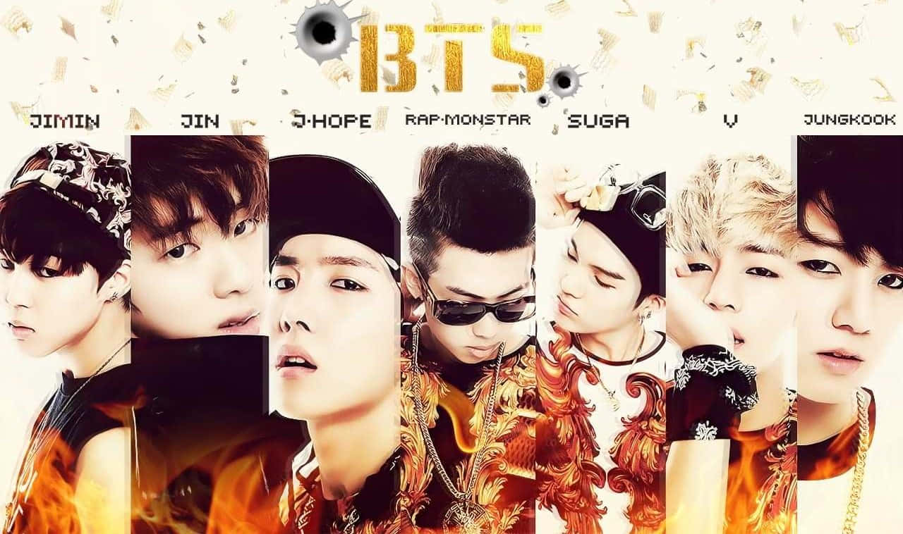 Bangtan Sonyeondan 桌布 壁紙 — BTS 七位成員身穿火熱的金色和黑色服裝，在帶有彈孔和他們名字的彩紙背景前擺姿勢。
