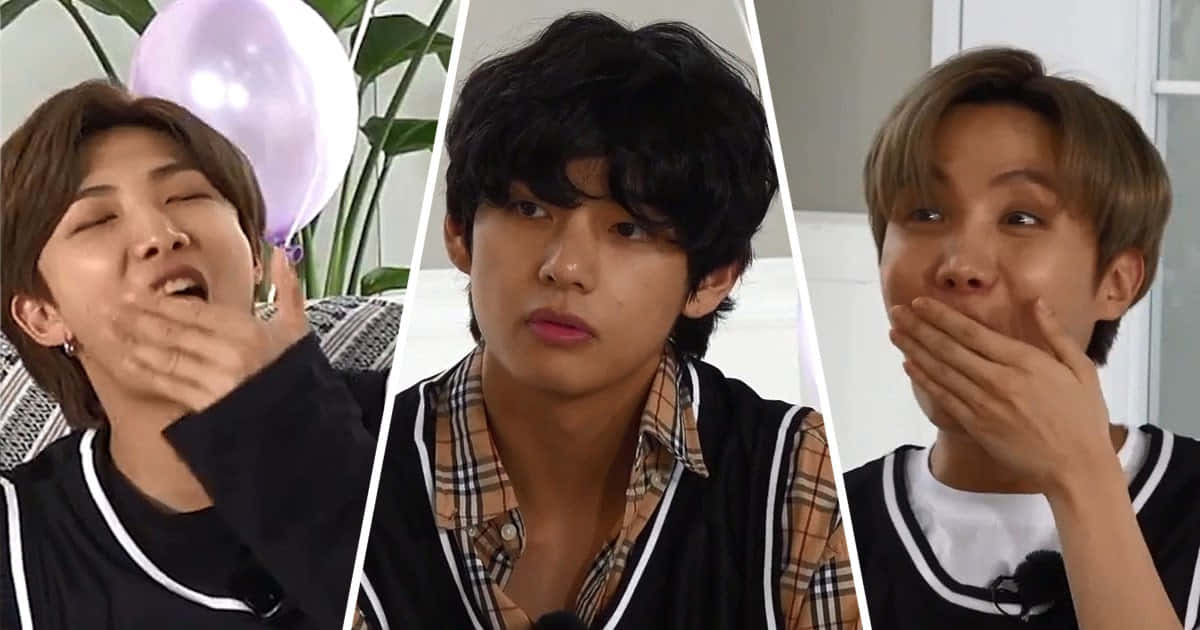 BTS 三位成員穿黑白背心的可愛寫真 壁紙 — 三位年輕男性在室內分屏場景中，對紫色氣球和綠色植物表現出驚訝和有趣的反應。
