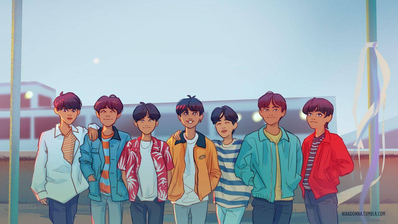 BTS 動漫 在《Euphoria》 壁紙 — 七個動漫風格的青少年穿著色彩繽紛的夾克，在柔和的藍天下一起站在戶外，附近有絲帶飄揚。
