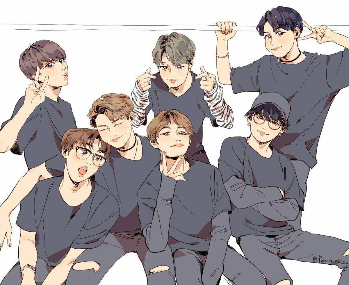 BTS 動漫 穿灰色上衣 壁紙 — 七個動漫風格的男孩穿著深灰色服裝，在純白背景前以多樣的表情和手勢俏皮地擺姿勢。