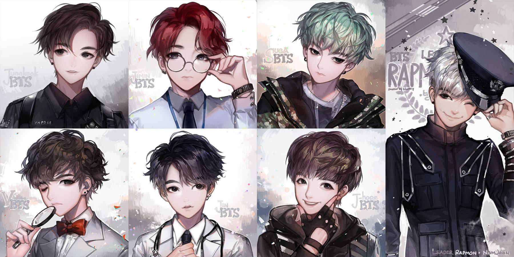 BTS 動漫拼貼 壁紙 — 七個以動漫風格繪製的男性角色，擁有不同的髮色和服裝，各自手持不同的道具，背景柔軟有質感。