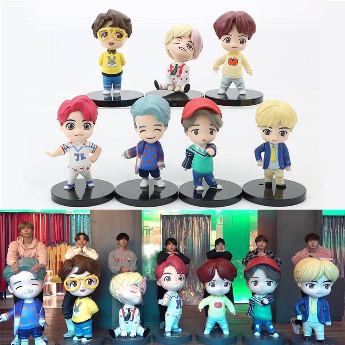 BTS 可愛雕像 壁紙 — 以黑色底座展示的Q版BTS公仔，背景有真實成員。