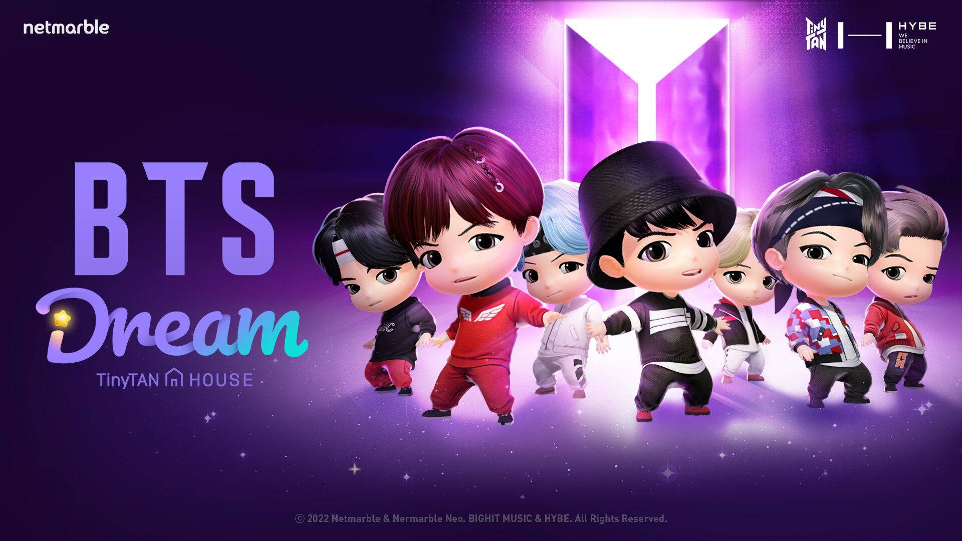 BTS 夢幻屋海報 壁紙 — Q版BTS成員站在發光的紫色星域中，下方有明亮的Y形光線，並帶有「BTS Dream」文字。