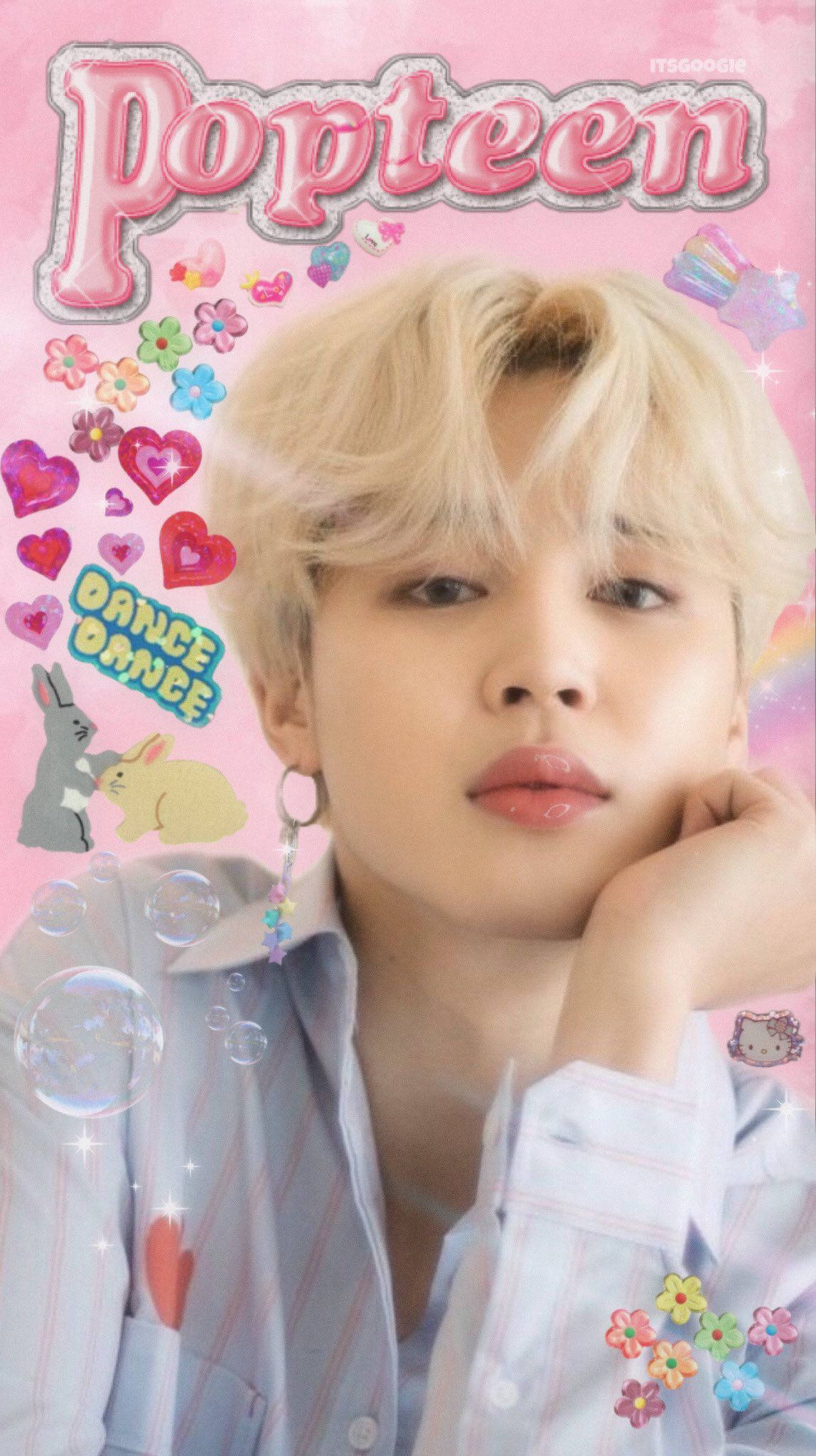 BTS 崔勝哲 可愛粉紅美學 壁紙 — 一位金髮年輕男子將下巴擱在手上，背景是充滿活力的粉紅色，飾有心形、花朵和卡通人物。