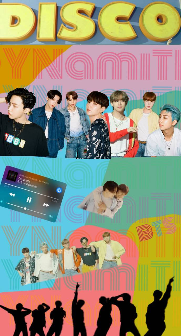 BTS 樂隊成員在復古迪斯可環境中，配有音樂播放器和跳舞剪影。 — 美學 BTS GIF 壁紙