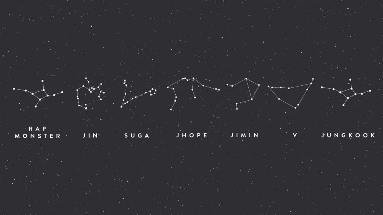 Constellations 桌布 壁紙 — BTS 成員的星座輪廓由白色點點在繁星點點的深色背景上形成，下方有名字。