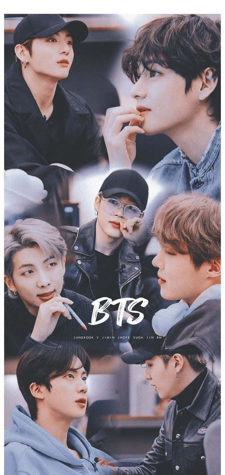 Big Hit Entertainment 桌布 壁紙 — BTS 成員的近距離肖像拼貼，穿著休閒街頭服飾，光線柔和，色調冷峻。