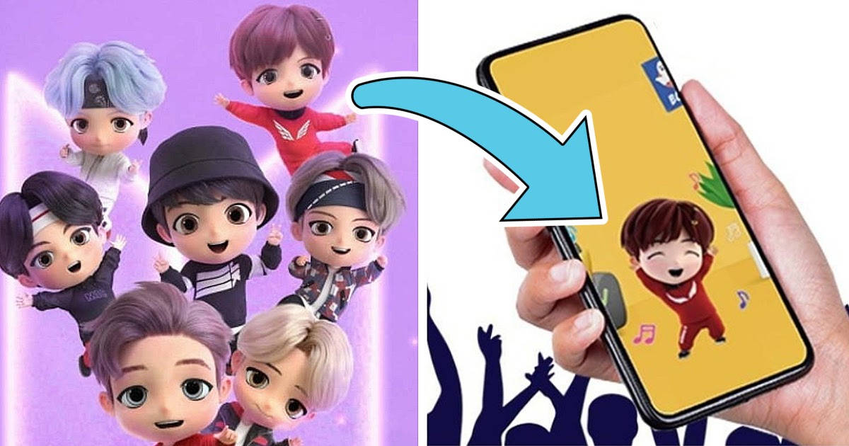 BTS 手機遊戲小熊版 壁紙 — Q版動漫角色在紫色光線中漂浮，一隻手拿著手機，黃色螢幕上顯示一個角色在跳舞。
