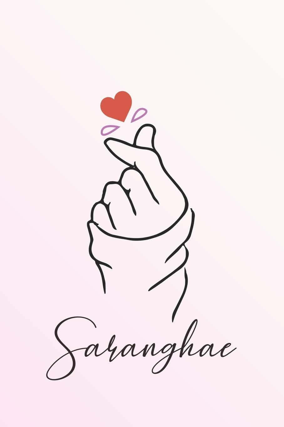 做出心形手勢的手，漂浮的心形和「Saranghae」文字。