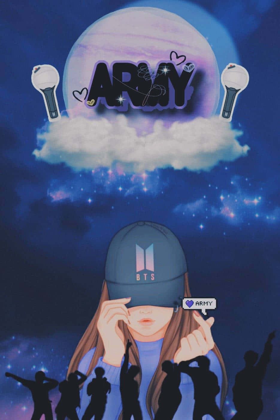 戴BTS帽子的粉絲仰望帶有「ARMY」和應援棒的月亮，被歡呼的剪影包圍。