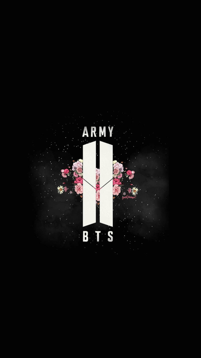 BTS 星空 ARMY 標誌與星辰 壁紙 — BTS標誌配以花卉設計和'ARMY'文字，背景為深色星空。